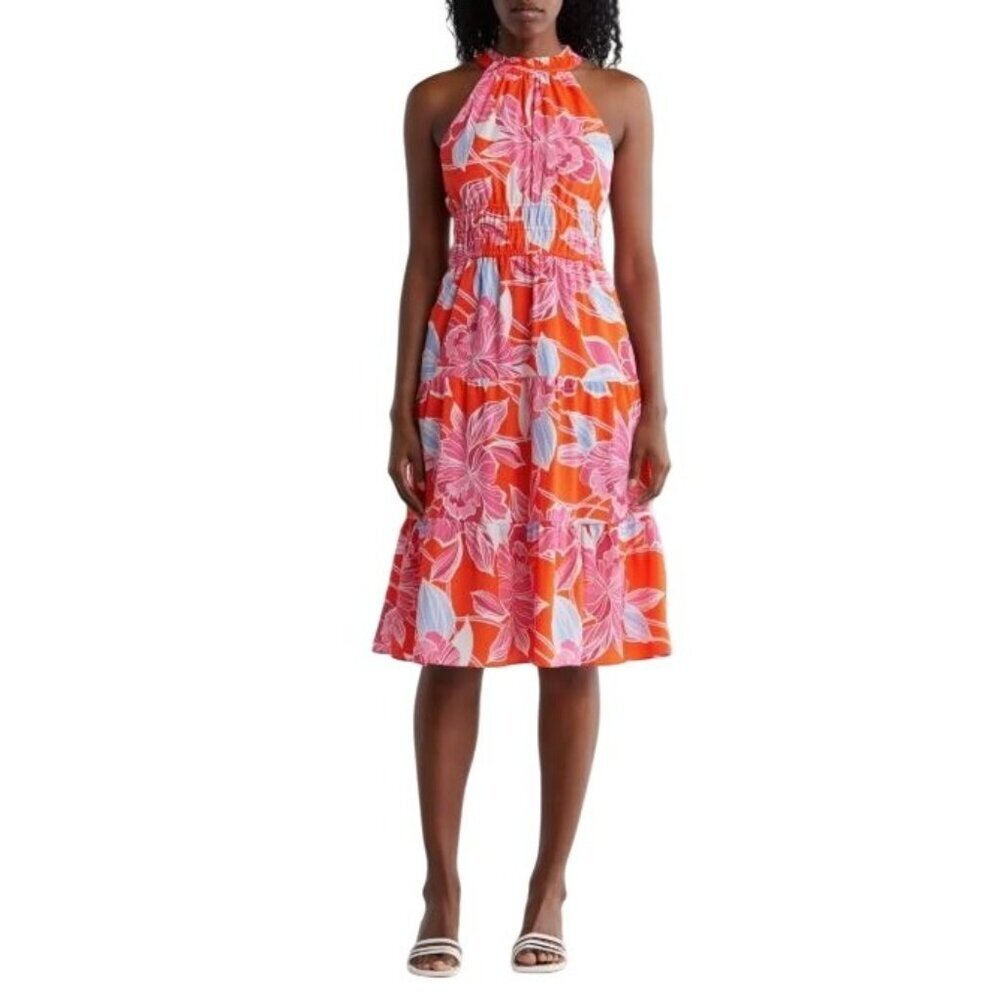 Eliza J Womens Red Pink Poppy Floral Pockets Halter Tiered Midi Dress Sz 12 New